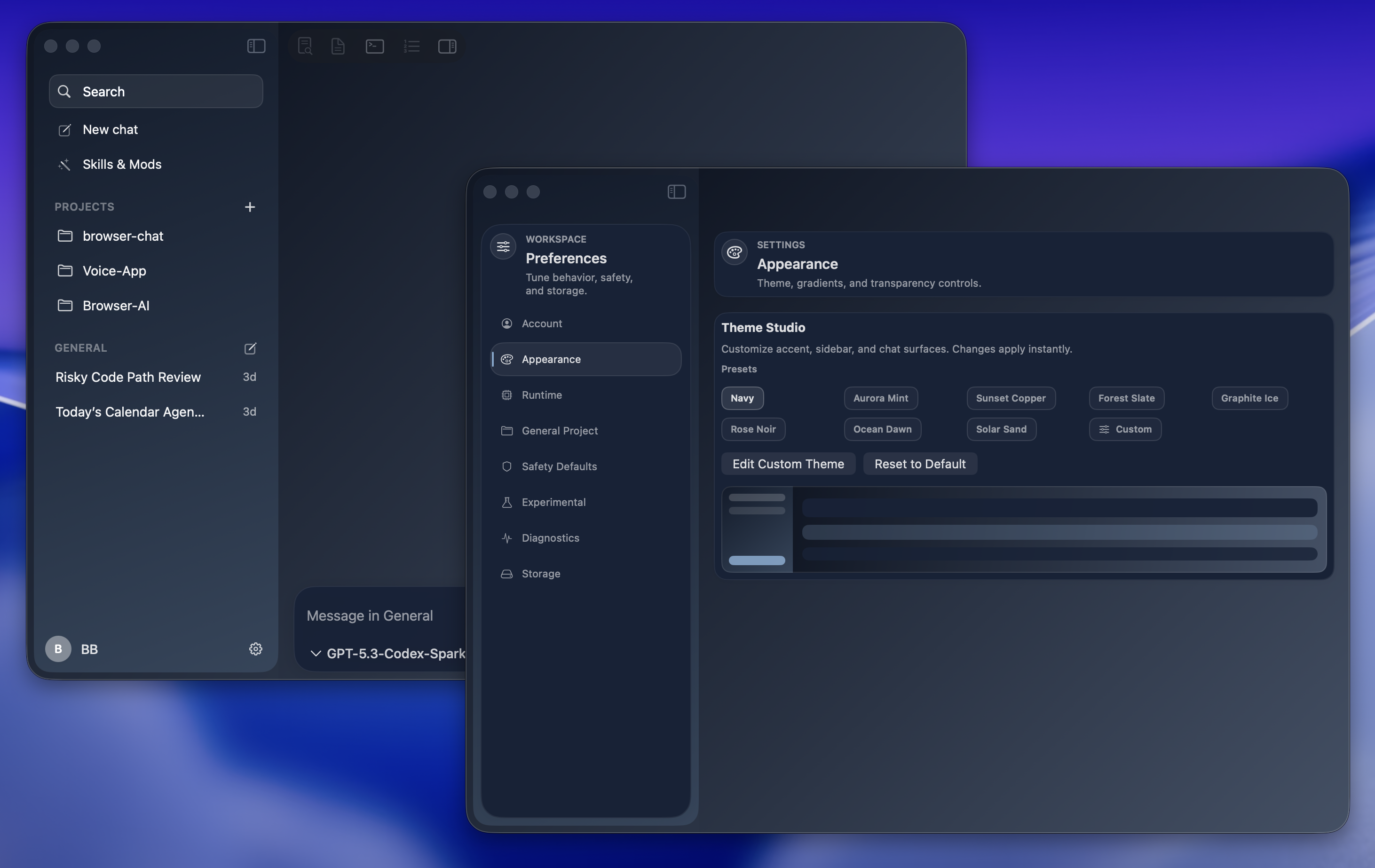 CodexChat theme studio and appearance settings with dark themed interface customization.