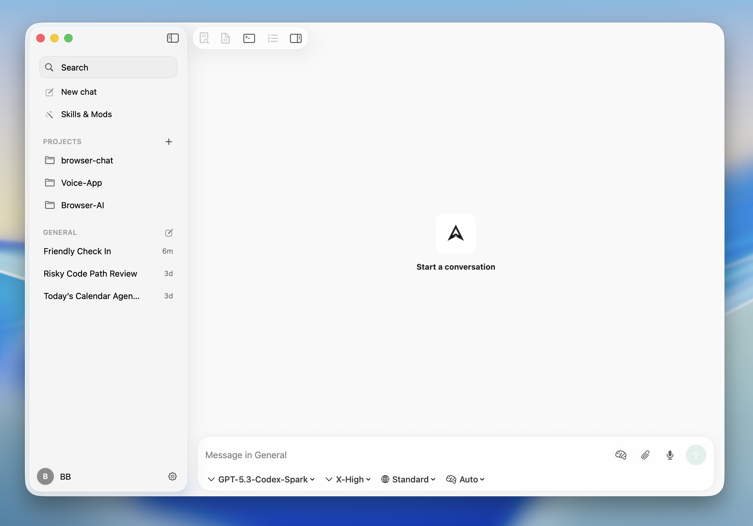 CodexChat default workspace showing projects, threads, and the main chat surface.